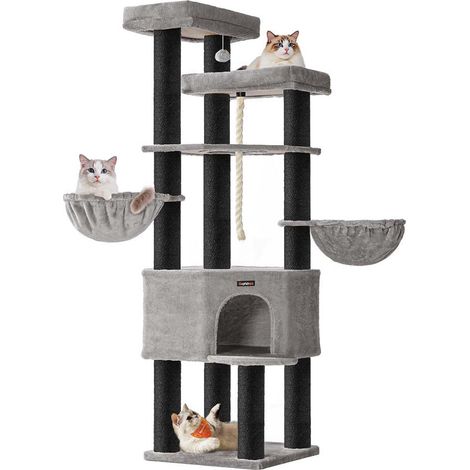 Grande albero per gatti torre gioco per gatti a più livelli 55 x 55 x 186,7 cm pali in sisal da 11 cm di diametro grigio 120008009