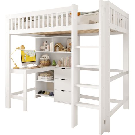 Lit mezzanine 90x200 cm avec bureau, échelle, rangements et 3 tiroirs, sans matelas, blanc, gain de place pour chambre d’enfant - CHICFURN (1/5)