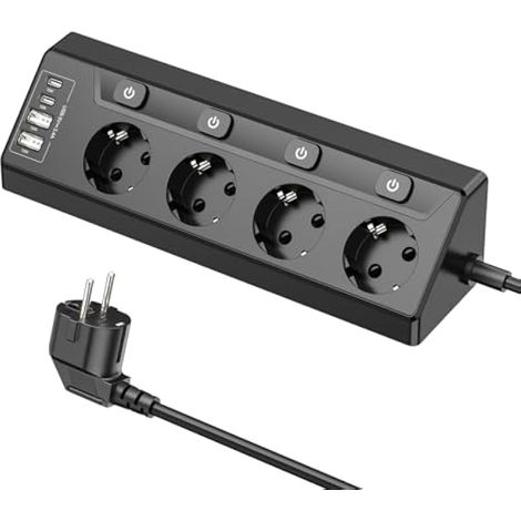 Prise d'angle avec USB, Multiprise à 4 Prises avec Interrupteur, Multiprise avec 2 USB et 2 Type-C, Protection Antisurtension 8 en 1 avec câble de 2M pour Smartphones Tablettes, Maison, Noir (1/5)
