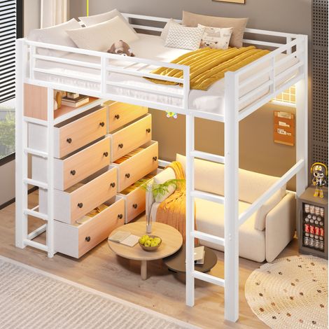 Letto soppalco 140x200 cm con LED, 8 cassetti, mensole e pannello forato, struttura in metallo e MDF - bianco (1/5)