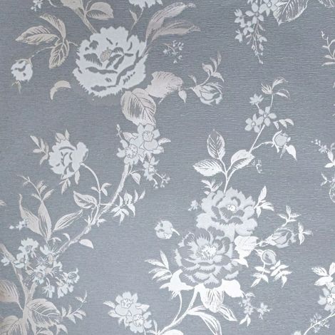 Rose Gold Grey Floral Textured Wallpaper Flower Leaf Thick Silver Metallic Vinyl (1/4)