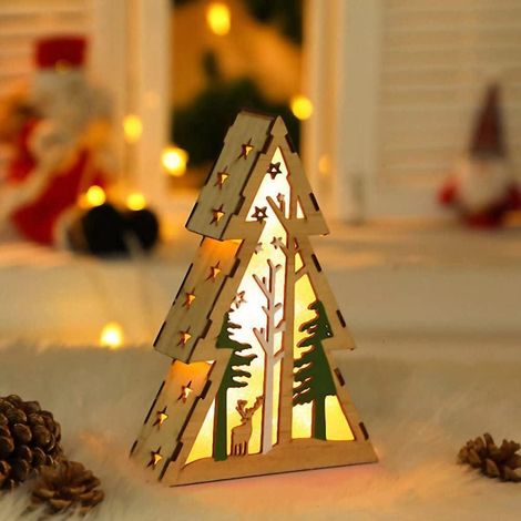 Sapin de Noël miniature en bois 7,9 pouces avec lumière, petite maison rustique, déco fermière en bois pour table, cheminée et intérieur de maison, ornement festif (1/3)