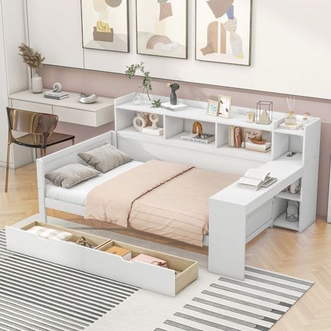 Canapé‑lit jour 90 x 200 cm blanc avec table de chevet, prise USB, 2 tiroirs et bureau (1/5)