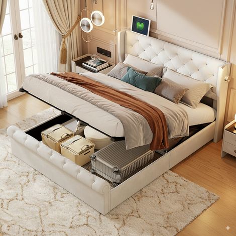 Lit coffre 140x190 cm, velours, lit double avec rangement, tête de lit avec 2 liseuses et chargeur USB, sommier à lattes, moderne - Beige (1/5)