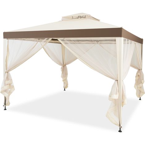 Gazebo de jardin 3 x 3 m beige avec moustiquaires à fermeture éclair, double toit ventilé, structure acier revêtu époxy, tonnelle étanche pour terrasse et pelouse (1/5)