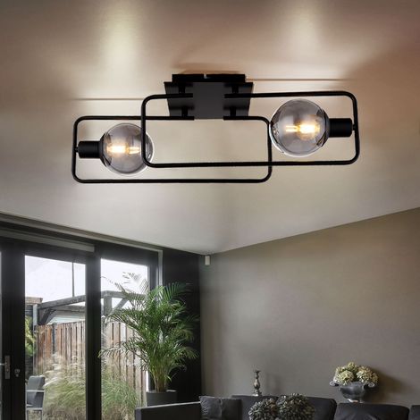 Plafonnier plafonnier salon lumière salle à manger lampe couloir, métal noir, verre fumé, 2 ampoules E14, L 61 cm