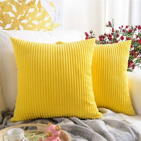 Pack of 2, Corduroy Soft Decorative Square Throw Pillow Cover Cushion Covers Pillowcase, Home Decor Decorations For Sofa Couch Bed Chair 18x18 Inch/45x45 cm (Striped Lemon Yellow) (1/5)