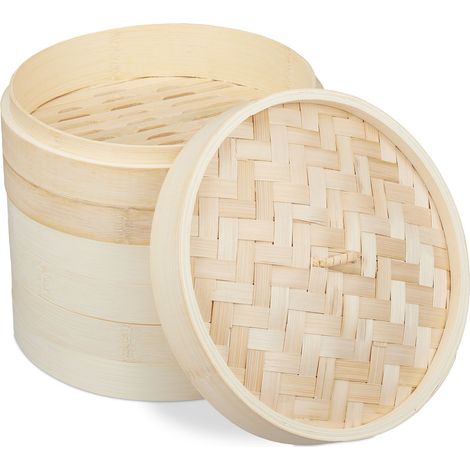Relaxdays Bamboo Steamer, 3 Tier, Traditional, Asian Cooker, for Rice, Dim Sum, Vegetable, Basket, Pot, Ø24cm, Natural (1/5)