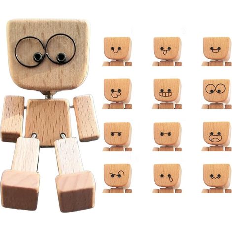 Wackelige Holzpuppe, dekorative Autofigur, 12 magnetische Gesichtsausdrücke (handgefertigt)