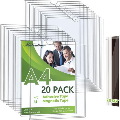 Pack of 20 A4 Wall Sign Holders - Magnetic Sign Holders - Rigid Print Protectors with Adhesive and Magnetic Strips - Plastic Paper Holder Wall Mount (1/5)
