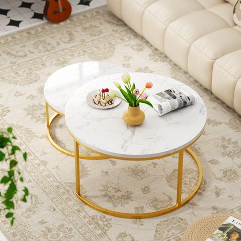 Table basse gigogne 2 pièces en MDF blanc effet marbre et métal doré, 80 cm, tables empilables (1/5)