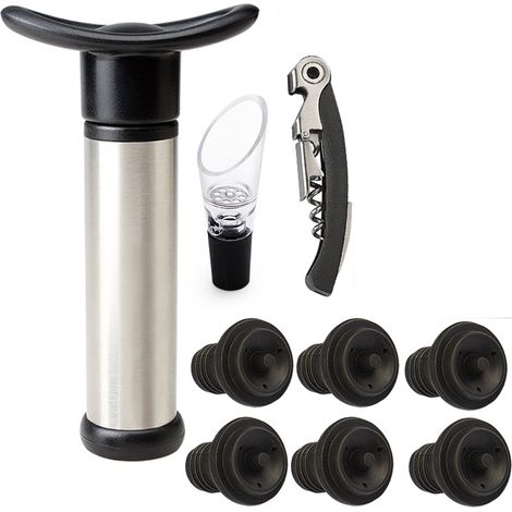 Tapón de vino con accesorios de varilla de bomba de vacío, tapón de botella de acero inoxidable, sella y refresca el vino tinto. (1/4)