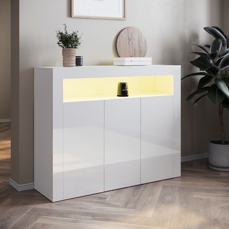 SONNI Cassettiera bianca Mobile da soggiorno con illuminazione a LED Alta lucentezza W116xH93xD35cm (1/5)