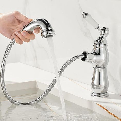 Badezimmerarmatur, Waschbeckenarmatur, Retro-Armatur, Badezimmer-Einzelarmatur mit Ausziehbrause, verchromte Warm- und Kaltwasserarmatur. (1/5)