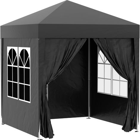 Pavillon pliant 2x2m avec 4 panneaux latéraux et fenêtres, protection UV, tente de jardin avec sac de transport, acier Oxford noir (1/5)
