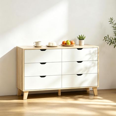 Cassettiera a 6 cassetti 120x40x76 cm, design scandinavo, piano ampio, truciolare e legno, bianco rovere (1/5)