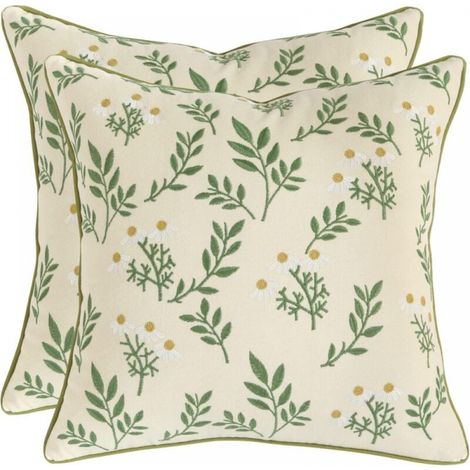Set of 2 Embroidered Cushion Covers 45x45 Floral Cotton Pillowcase Daisies Deco for Sofa Bedroom Living Room Car Armchair (1/5)