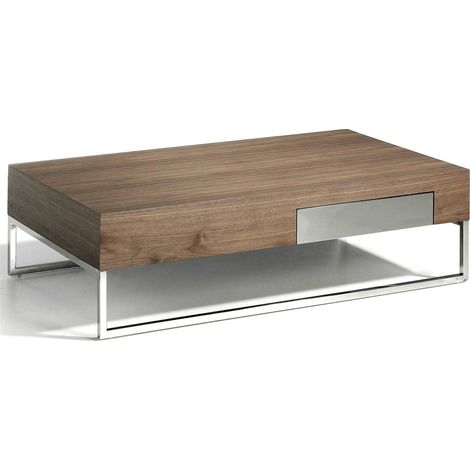 Table basse en bois 1 tiroir côté fermeture en souple et façade miroir - Noyer, acier inoxydable (1/4)