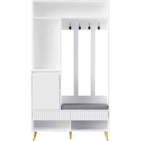 Set ingresso con panca portazapatos, 4 ganci, 2 cassetti e armadio MDF bianco 100x35x180 cm (1/5)