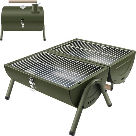 2 in 1 Portable Barbecue with Charcoal BBQ Thermometer, Green  Table Grill, For Garden Balcony Travel Camping (1/5)