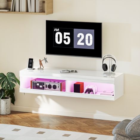 Mobile TV sospeso con luci LED, telecomando, scomparti, fori passacavi, 140x40x30 cm, bianco lucido