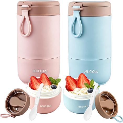 Gobelet de muesli à emporter avec couvercle, 730 ml, en polypropylène, idéal pour le porridge ou le yaourt à emporter, avec cuillère. Pot de conservation double paroi étanche, parfait pour le travail (1/5)