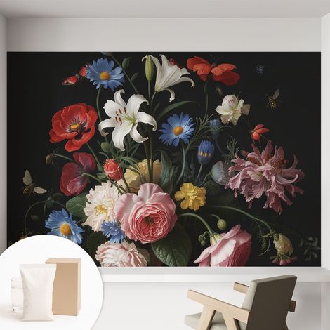 Papier peint intissé mural avec imprimé pour décoration pour salon pour chambre à coucher pour entrée Fleurs et insectes 152x104 cm (1/5)