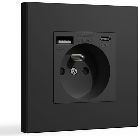 Prise Murale avec USB et 1 Type C, (1 Prise avec USB et Type C,Noir)16A Prise de Courant Alternatif avec Panneau en Plastique,Multiprise Murale(Max 2.1A),Convient au Smartphone,à la Tablette (1/5)