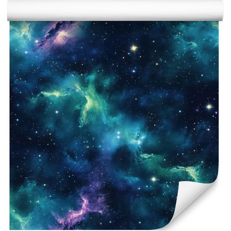 Papel pintado de galaxia en acuarela azul marino, turquesa, azul cielo y azul marino 50x1000 cm (1/5)