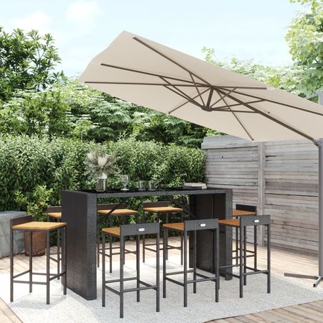 Ensemble Table de bar + 8 Chaises de bar de jardin - Table Haute avec 8 Tabourets noir poly rotin/bois massif acacia BV764205 - BonneVie (1/5)