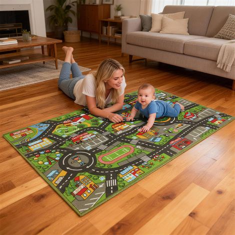 Tapis de jeu pour enfants « Route de ville » 160 x 100 cm, antidérapant et éducatif, idéal pour ramper et jouer avec des voitures (1/5)