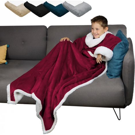 Couverture polaire, plaid intégral avec manches et poche - 120 x 160 cm - Sherpa et flanelle - Enfant - Prune - Vivezen (1/5)