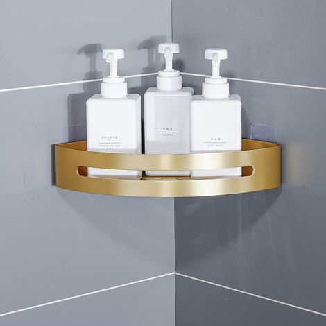 Étagère d'angle de salle de bain en forme de triangle doré brossé avec adhésif ou perçage