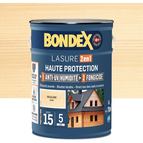 Bondex – Lasure extérieure 2 en 1 haute protection 5L incolore – Anti-UV, fongicide, microporeux – Application facile sans trace