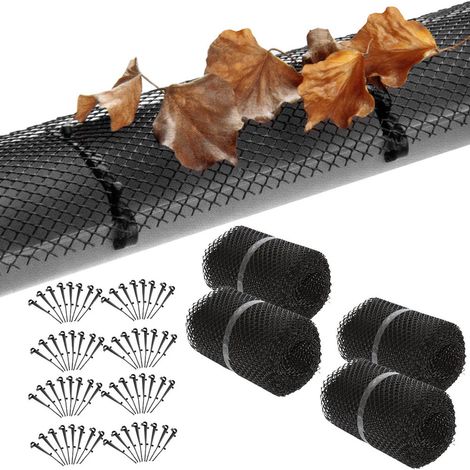 Protectores de canalones de plástico - 4 rollos de 15 cm x 6 m, 60 ganchos de montaje, red protectora para evitar la caída de hojas en bajantes (1/5)