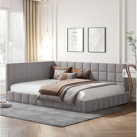Cama dormitorio tapizada convertible sofá gris 140x200 OKMYHOME (1/5)