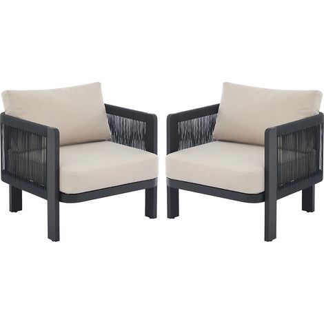 Poltrona da giardino in alluminio e corda Nero con cuscini beige - Lotto di 2 - HELYSI di MYLIA