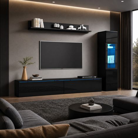 MEUBLIV wandmontiertes TV-Board 180 cm Schwarz mit LED, Vitrine und Regal (1/5)