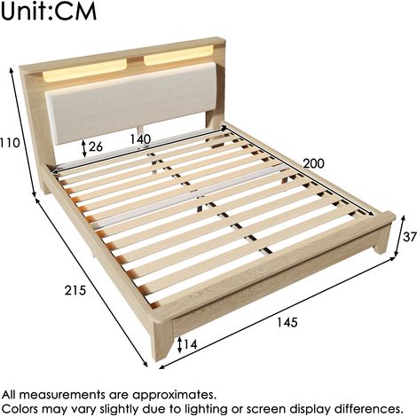 Lit double 140x200cm en bois massif clair, sommier lattes chêne clair, tête de lit rangement avec bande LED lumineuse, dossier rembourré velours beige, livré avec matelas (sans banc).