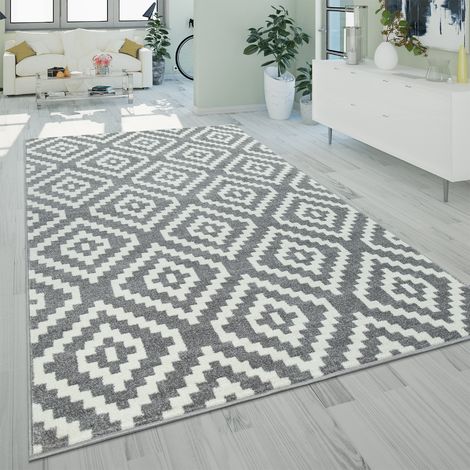 Paco Home Teppich Wohnzimmer Kurzflor Weich Ethno Boho Muster Modern Grau Weiß 140x200 cm
