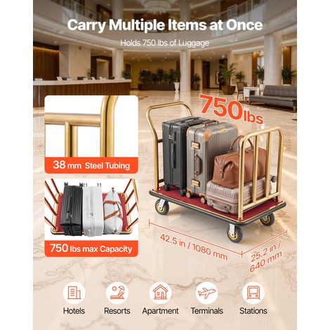 Chariot à Bagages d'Hôtel, Charge Max. 340,19 kg, Chariot Porte-Bagages pour Hôtels et Complexes Hôteliers, avec Cadre en Acier Ino… (1/5)