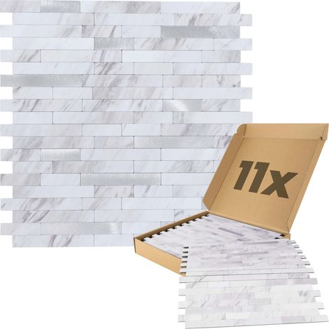 Panneau décoratif mural autocollant aspect pierre 1m² – 11 pièces – Résistant à l'humidité – PVC pour salle de bain et cuisine – Blanc argenté