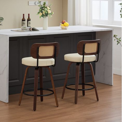 MEUBLIV 2er-Set Barhocker 56 x 42 x 90 cm beige drehbar mit Rückenlehne aus Geflecht (1/5)