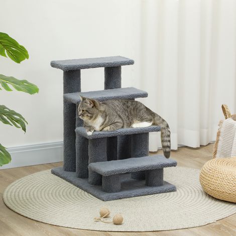 PawHut Katzentreppe 4 Stufen Tiertreppe Treppe für Katze Haustiertreppe Hundetreppe aus Plüsch 61 x 41 x 60 cm Grau