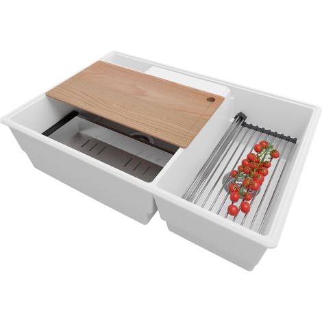 PRIMAGRAN Evier Cuisine en Granit 78x53cm,Lavabo 2 bacs + Kit de Vidage + Accessoires, Évier à Encastrer au meuble 80cm - Paris, Blanc (1/5)