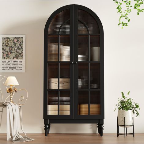 Vitrine haute 152x35,5x165 cm en MDF et verre noire, 2 portes, rangement pour salon – MEUBLIV (1/5)