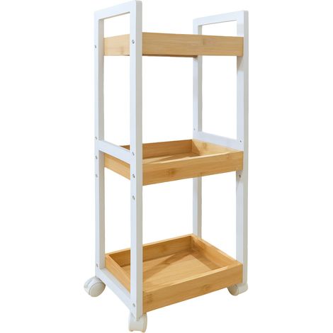 Chariot Relaxdays, 3 étagères, bambou, 80 x 30 x 20 cm, salle de bain et cuisine, MDF, chariot étroit, naturel/blanc (1/5)
