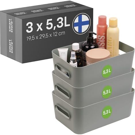 Panier de Rangement 3× 5.3 L  Petite boite de rangement pour étagères, salle de bain, bureau  Rangement Multiusage en plastique recyclé  Vert L29.5 ×W19.5 ×H12 cm (1/5)