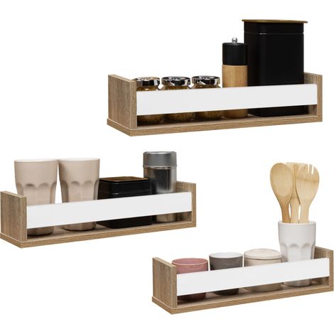 Idmarket – Lot de 3 étagères murales à épices – Longueur 41 cm x largeur 12 cm x hauteur 10 cm – Finition hêtre et blanc – Montage facile