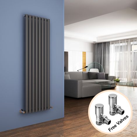 ELEGANT 1600 x 480 mm Anthracite Vertical Column Radiator Single Oval Panel Designer Bathroom Radiator + Angled Radiator Valves (1/5)